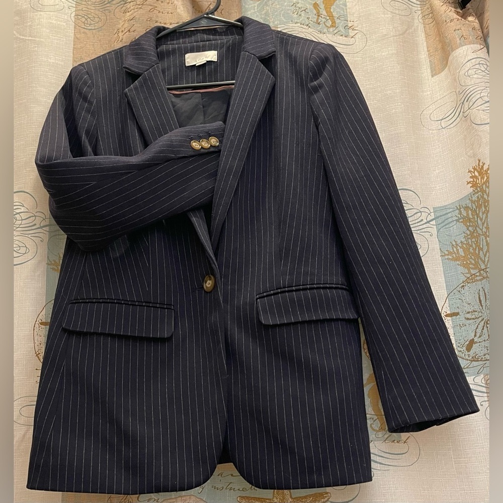 Ann Taylor Loft Navy Blue Pinstriped Gray Blazer Suit Jacket Womens 8P Vented - Picture 2 of 9